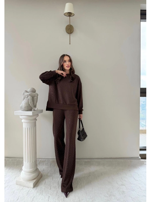 TAŞLI OVERSİZE SWEAT VE PANTOLONLU MODAL İKİLİ TAKIM KAHVE