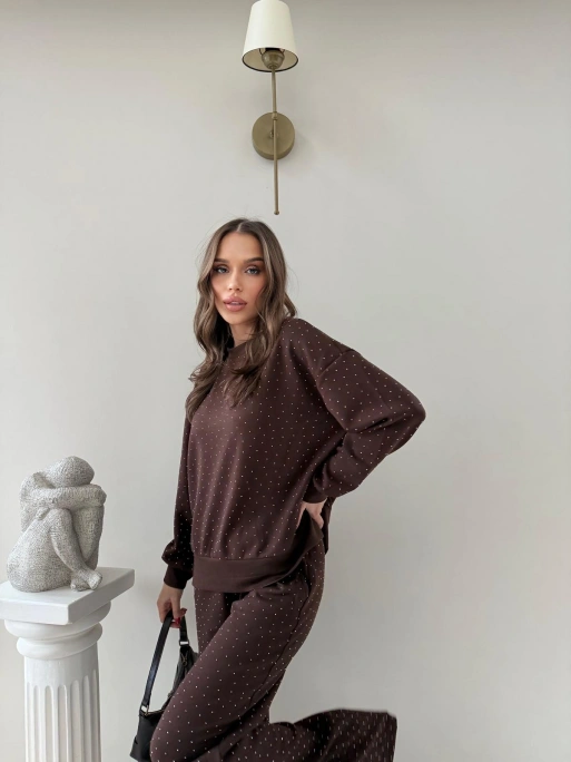 TAŞLI OVERSİZE SWEAT VE PANTOLONLU MODAL İKİLİ TAKIM KAHVE