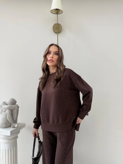 TAŞLI OVERSİZE SWEAT VE PANTOLONLU MODAL İKİLİ TAKIM KAHVE