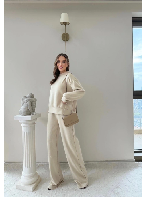 TAŞLI OVERSİZE SWEAT VE PANTOLONLU MODAL İKİLİ TAKIM KREM