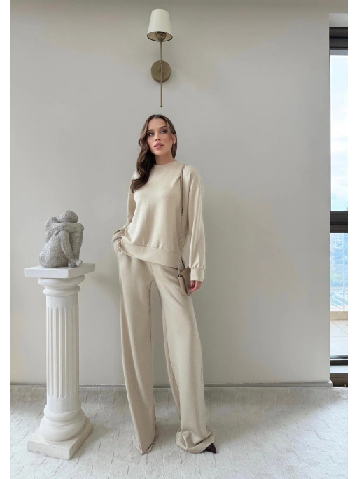 TAŞLI OVERSİZE SWEAT VE PANTOLONLU MODAL İKİLİ TAKIM KREM
