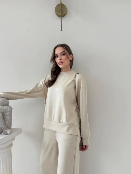 TAŞLI OVERSİZE SWEAT VE PANTOLONLU MODAL İKİLİ TAKIM KREM