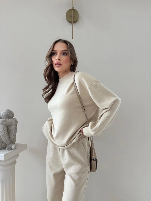 TAŞLI OVERSİZE SWEAT VE PANTOLONLU MODAL İKİLİ TAKIM KREM