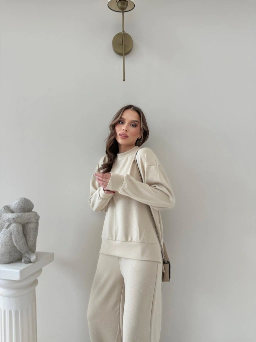 TAŞLI OVERSİZE SWEAT VE PANTOLONLU MODAL İKİLİ TAKIM KREM