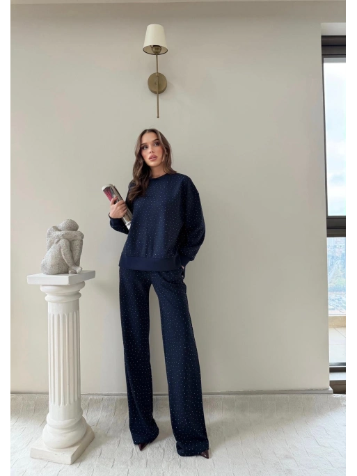 TAŞLI OVERSİZE SWEAT VE PANTOLONLU MODAL İKİLİ TAKIM LACİVERT