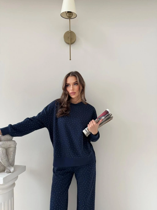 TAŞLI OVERSİZE SWEAT VE PANTOLONLU MODAL İKİLİ TAKIM LACİVERT