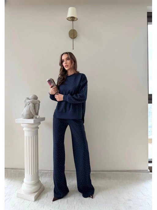 TAŞLI OVERSİZE SWEAT VE PANTOLONLU MODAL İKİLİ TAKIM LACİVERT