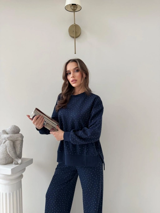 TAŞLI OVERSİZE SWEAT VE PANTOLONLU MODAL İKİLİ TAKIM LACİVERT