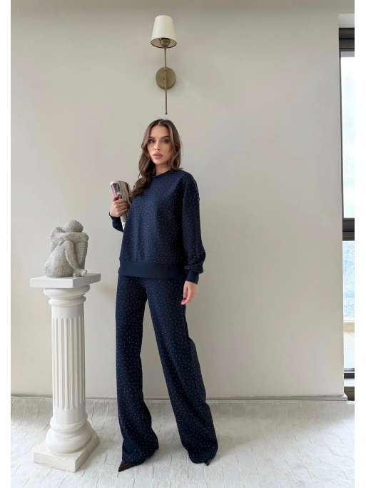 TAŞLI OVERSİZE SWEAT VE PANTOLONLU MODAL İKİLİ TAKIM LACİVERT