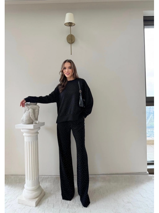 TAŞLI OVERSİZE SWEAT VE PANTOLONLU MODAL İKİLİ TAKIM SİYAH