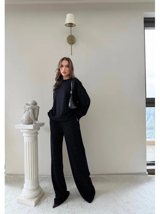 TAŞLI OVERSİZE SWEAT VE PANTOLONLU MODAL İKİLİ TAKIM SİYAH