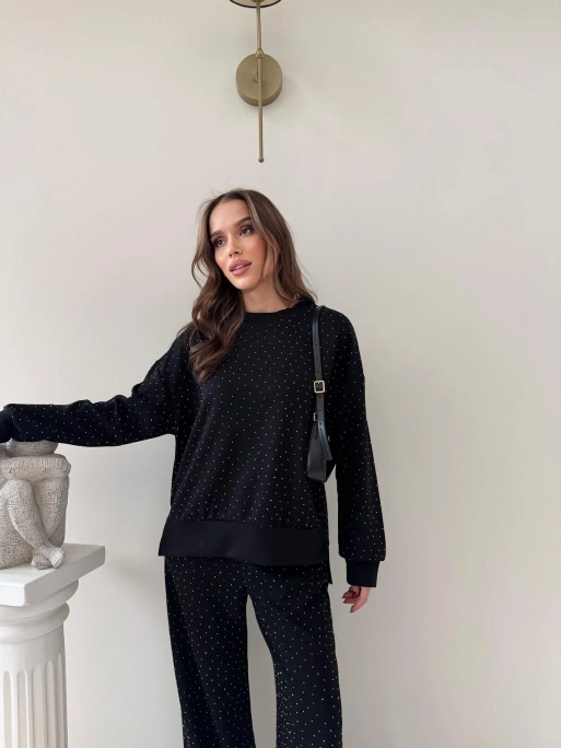 TAŞLI OVERSİZE SWEAT VE PANTOLONLU MODAL İKİLİ TAKIM SİYAH