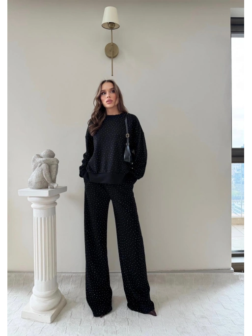 TAŞLI OVERSİZE SWEAT VE PANTOLONLU MODAL İKİLİ TAKIM SİYAH