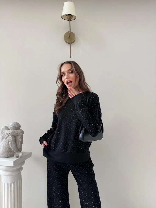 TAŞLI OVERSİZE SWEAT VE PANTOLONLU MODAL İKİLİ TAKIM SİYAH