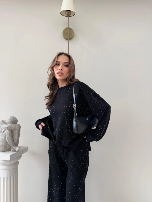 TAŞLI OVERSİZE SWEAT VE PANTOLONLU MODAL İKİLİ TAKIM SİYAH