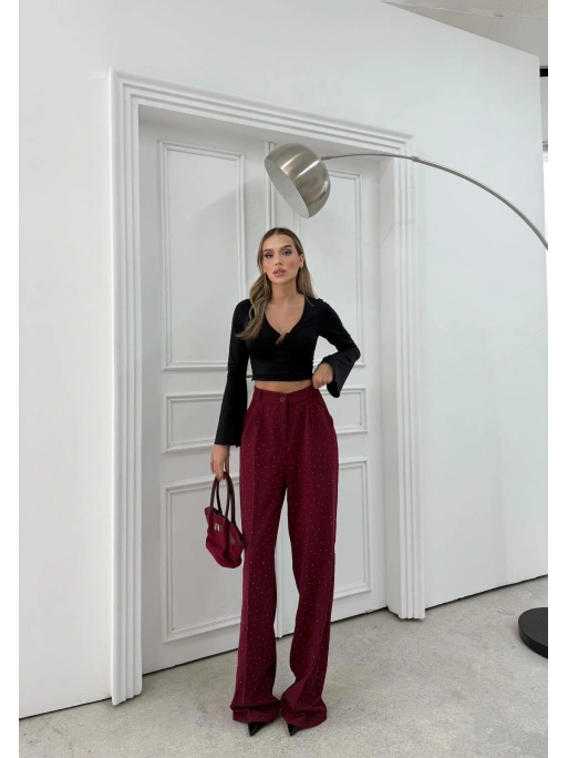 TAŞLI YÜKSEK BEL PALAZZO PANTOLON BORDO