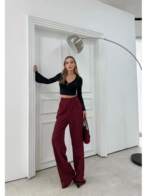 TAŞLI YÜKSEK BEL PALAZZO PANTOLON BORDO