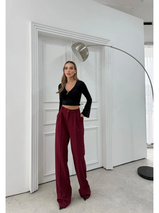 TAŞLI YÜKSEK BEL PALAZZO PANTOLON BORDO