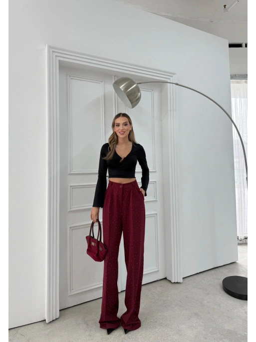 TAŞLI YÜKSEK BEL PALAZZO PANTOLON BORDO