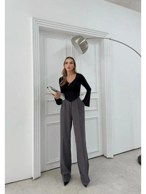 TAŞLI YÜKSEK BEL PALAZZO PANTOLON GRİ