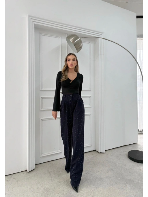 TAŞLI YÜKSEK BEL PALAZZO PANTOLON LACİVERT