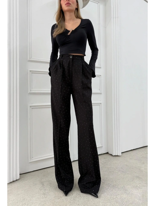 TAŞLI YÜKSEK BEL PALAZZO PANTOLON SİYAH