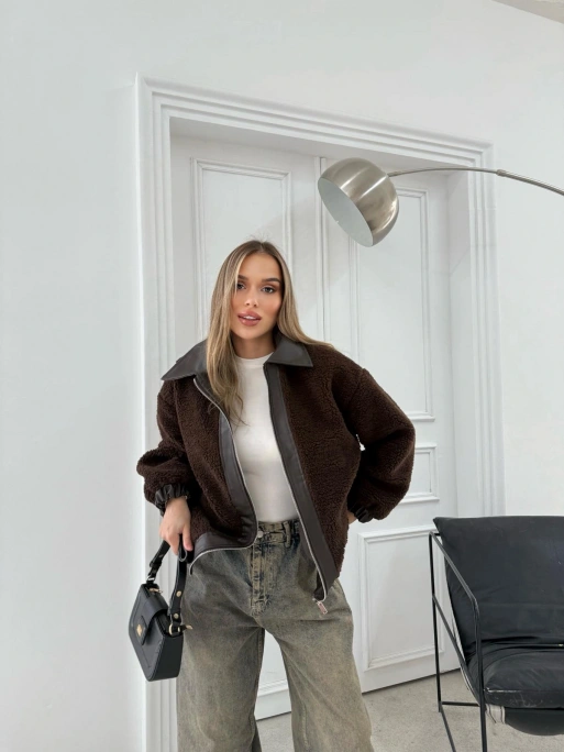 TEDDY KUMAŞ DERİ DETAY İÇ ASTARLI MONT KAHVE