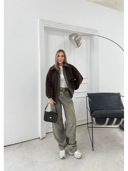 TEDDY KUMAŞ DERİ DETAY İÇ ASTARLI MONT KAHVE