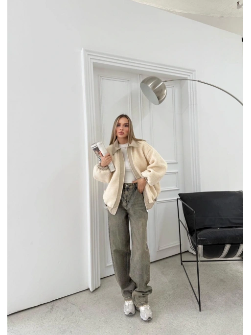 TEDDY KUMAŞ DERİ DETAY İÇ ASTARLI MONT KREM