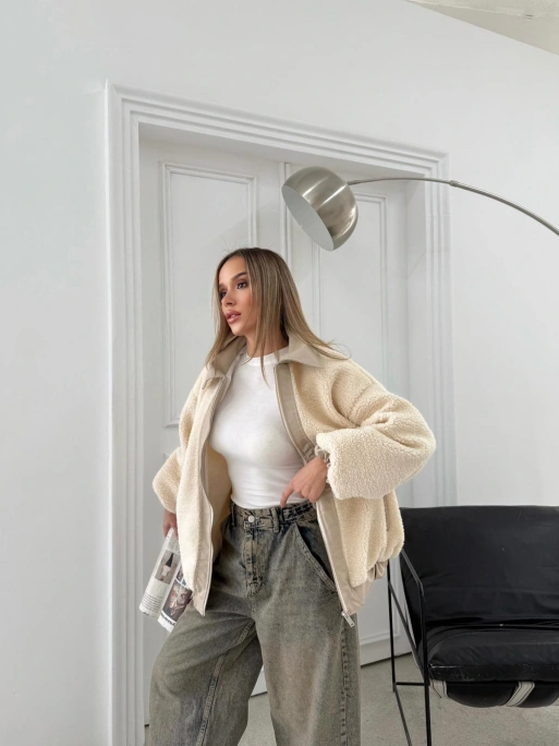 TEDDY KUMAŞ DERİ DETAY İÇ ASTARLI MONT KREM