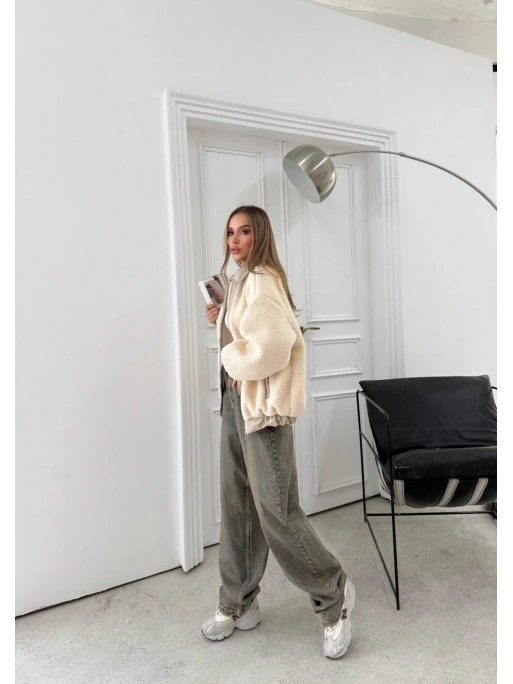 TEDDY KUMAŞ DERİ DETAY İÇ ASTARLI MONT KREM