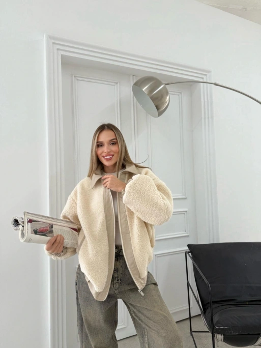 TEDDY KUMAŞ DERİ DETAY İÇ ASTARLI MONT KREM