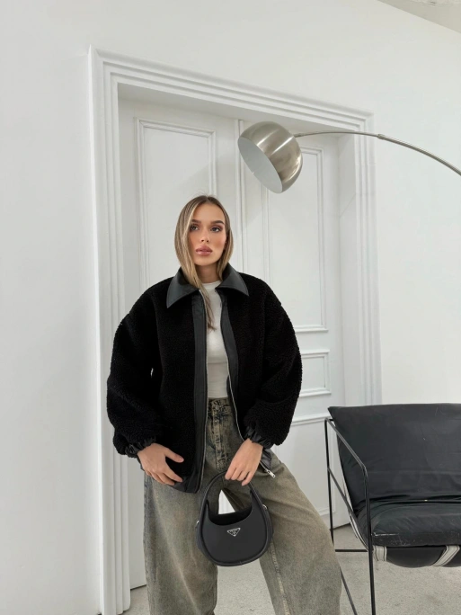 TEDDY KUMAŞ DERİ DETAY İÇ ASTARLI MONT SİYAH