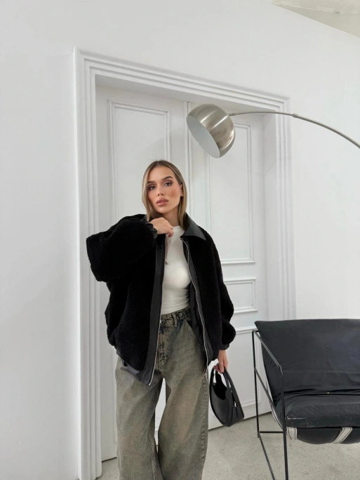 TEDDY KUMAŞ DERİ DETAY İÇ ASTARLI MONT SİYAH