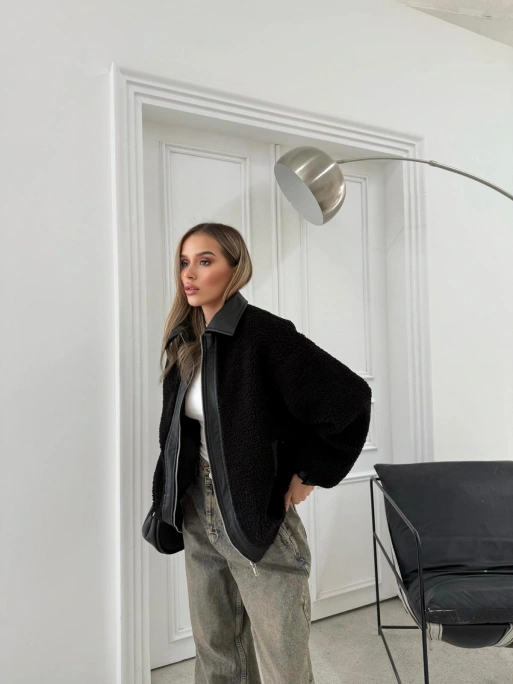 TEDDY KUMAŞ DERİ DETAY İÇ ASTARLI MONT SİYAH