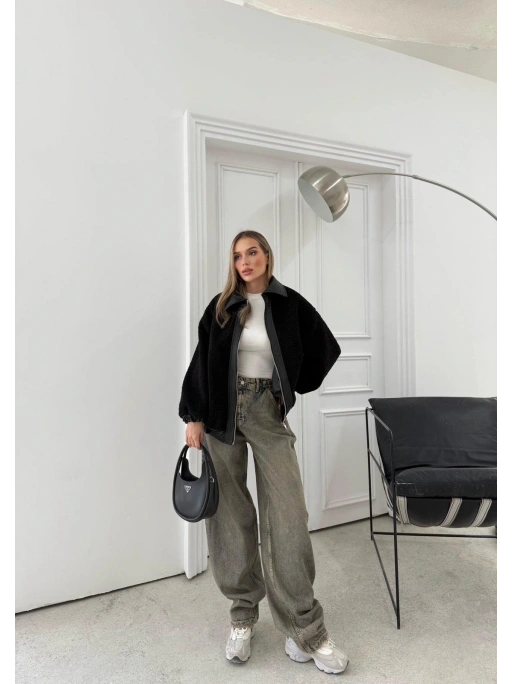 TEDDY KUMAŞ DERİ DETAY İÇ ASTARLI MONT SİYAH