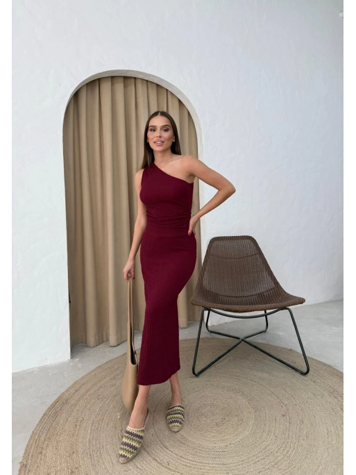 TEK OMUZ BLUZ VE ETEKLİ GOFRE İKİLİ TAKIM BORDO