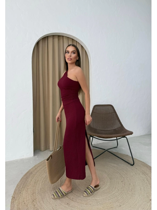TEK OMUZ BLUZ VE ETEKLİ GOFRE İKİLİ TAKIM BORDO