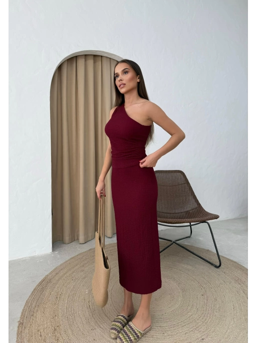 TEK OMUZ BLUZ VE ETEKLİ GOFRE İKİLİ TAKIM BORDO