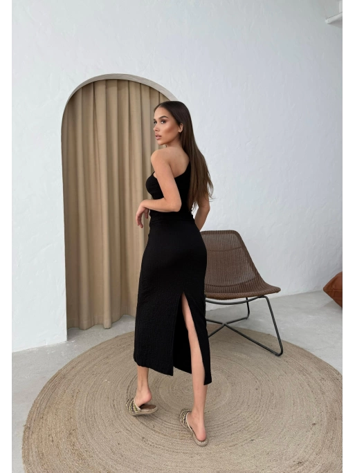 TEK OMUZ BLUZ VE ETEKLİ GOFRE İKİLİ TAKIM SİYAH