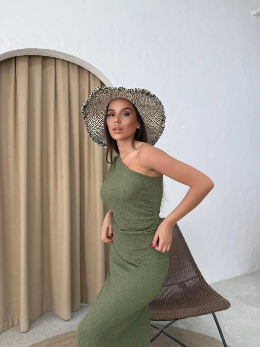 TEK OMUZ BLUZ VE ETEKLİ GOFRE İKİLİ TAKIM YEŞİL
