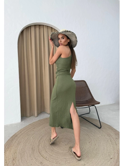 TEK OMUZ BLUZ VE ETEKLİ GOFRE İKİLİ TAKIM YEŞİL