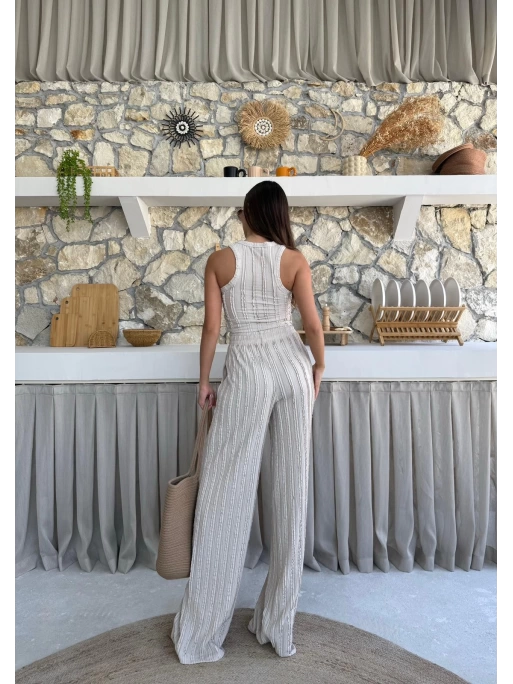 TERS DİKİŞ HALTER YAKA CROP VE PANTOLONLU İKİLİ TAKIM KREM