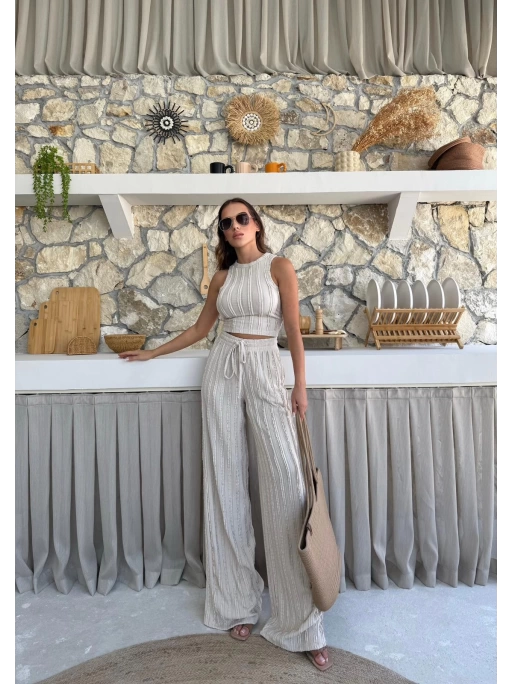 TERS DİKİŞ HALTER YAKA CROP VE PANTOLONLU İKİLİ TAKIM KREM