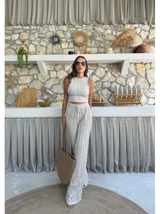 TERS DİKİŞ HALTER YAKA CROP VE PANTOLONLU İKİLİ TAKIM KREM