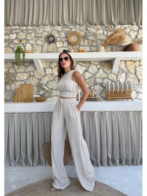TERS DİKİŞ HALTER YAKA CROP VE PANTOLONLU İKİLİ TAKIM KREM