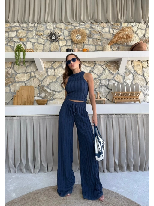 TERS DİKİŞ HALTER YAKA CROP VE PANTOLONLU İKİLİ TAKIM LACİVERT