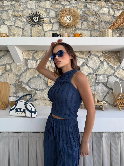 TERS DİKİŞ HALTER YAKA CROP VE PANTOLONLU İKİLİ TAKIM LACİVERT