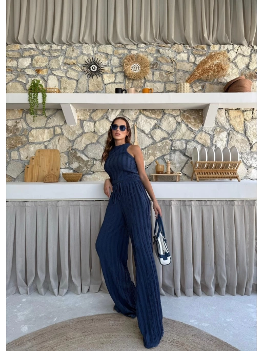 TERS DİKİŞ HALTER YAKA CROP VE PANTOLONLU İKİLİ TAKIM LACİVERT