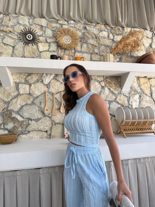 TERS DİKİŞ HALTER YAKA CROP VE PANTOLONLU İKİLİ TAKIM MAVİ